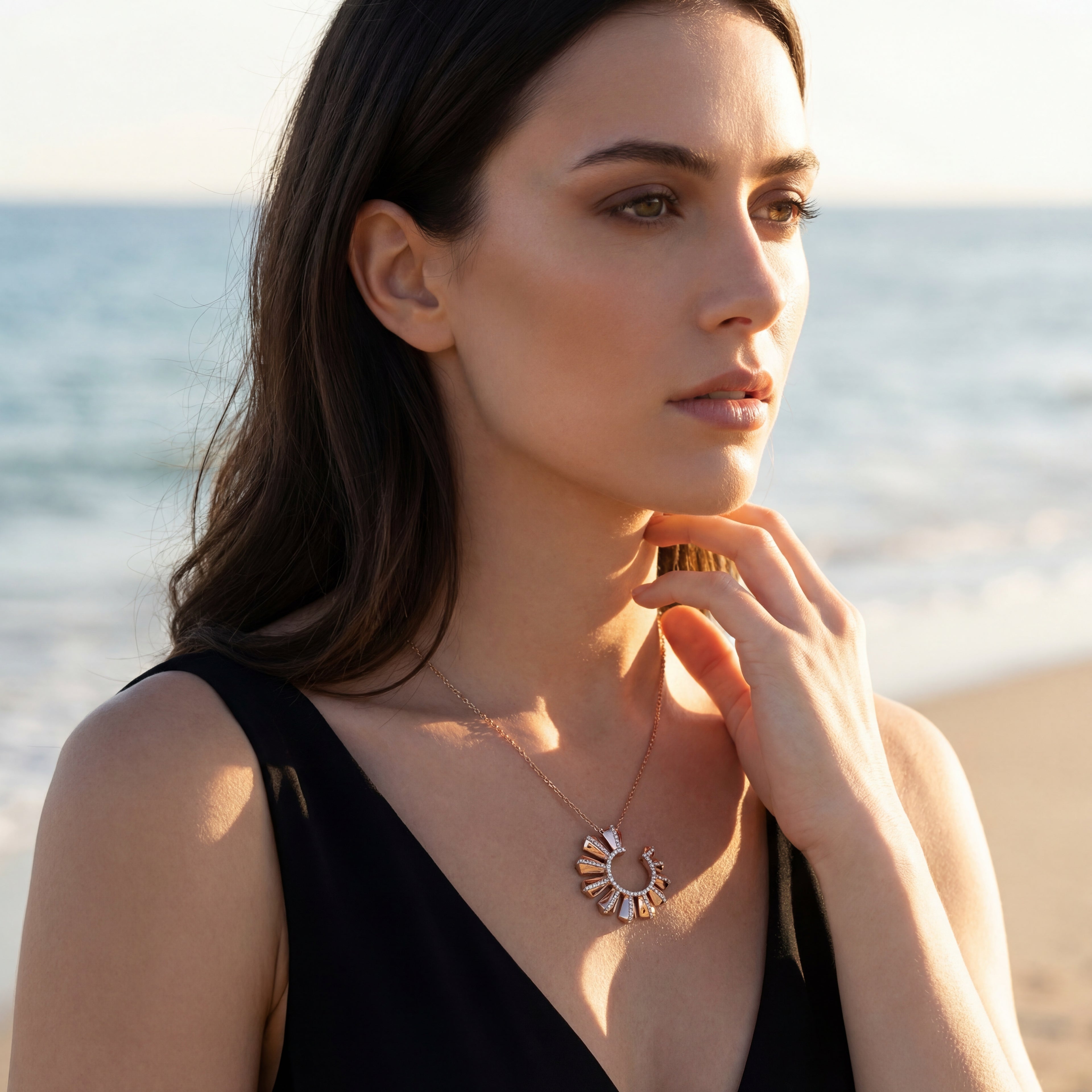 Rose Gold Charm Necklace with Round Brilliant Cut Diamonds