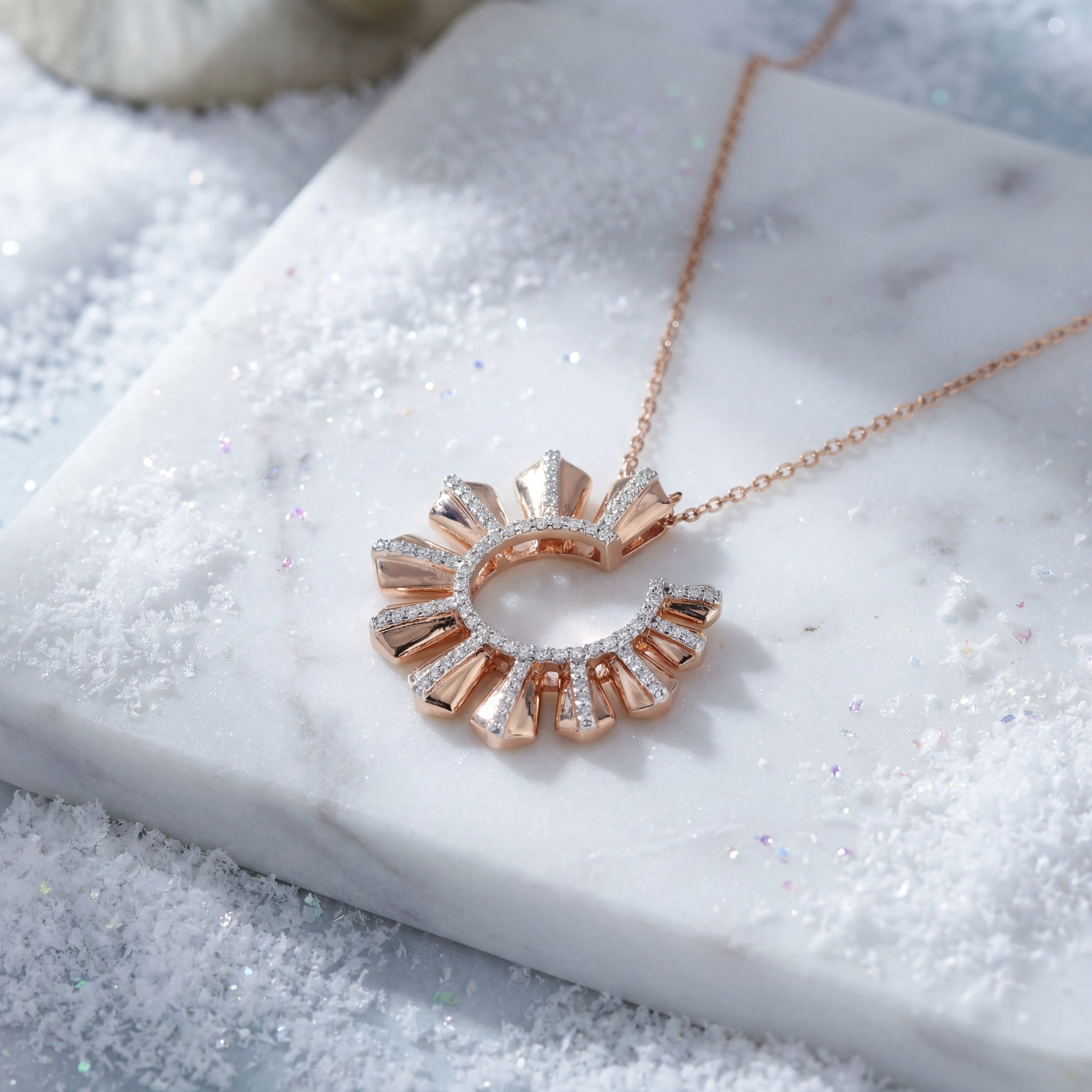 Rose Gold Charm Necklace with Round Brilliant Cut Diamonds